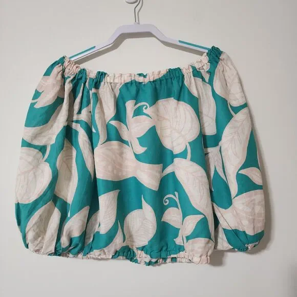 Rachel Zoe Womens Linen Blend Off-the-Shoulder Cropped Blouse Green Beige Size S - Picture 3 of 11